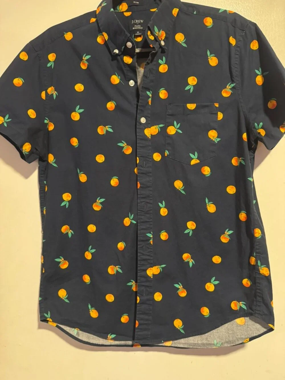 J. Crew Flex Washed Oranges Print Shirt Slim M Navy Short Sleeve
